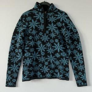 Neve Dark Charcoal Gray and Blue Snowflake 1/4 Zip Wool Sweater, Size M